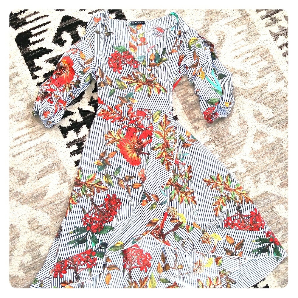 Mixed Print Asymmetrical Ruffle Hem Surplice Wrap